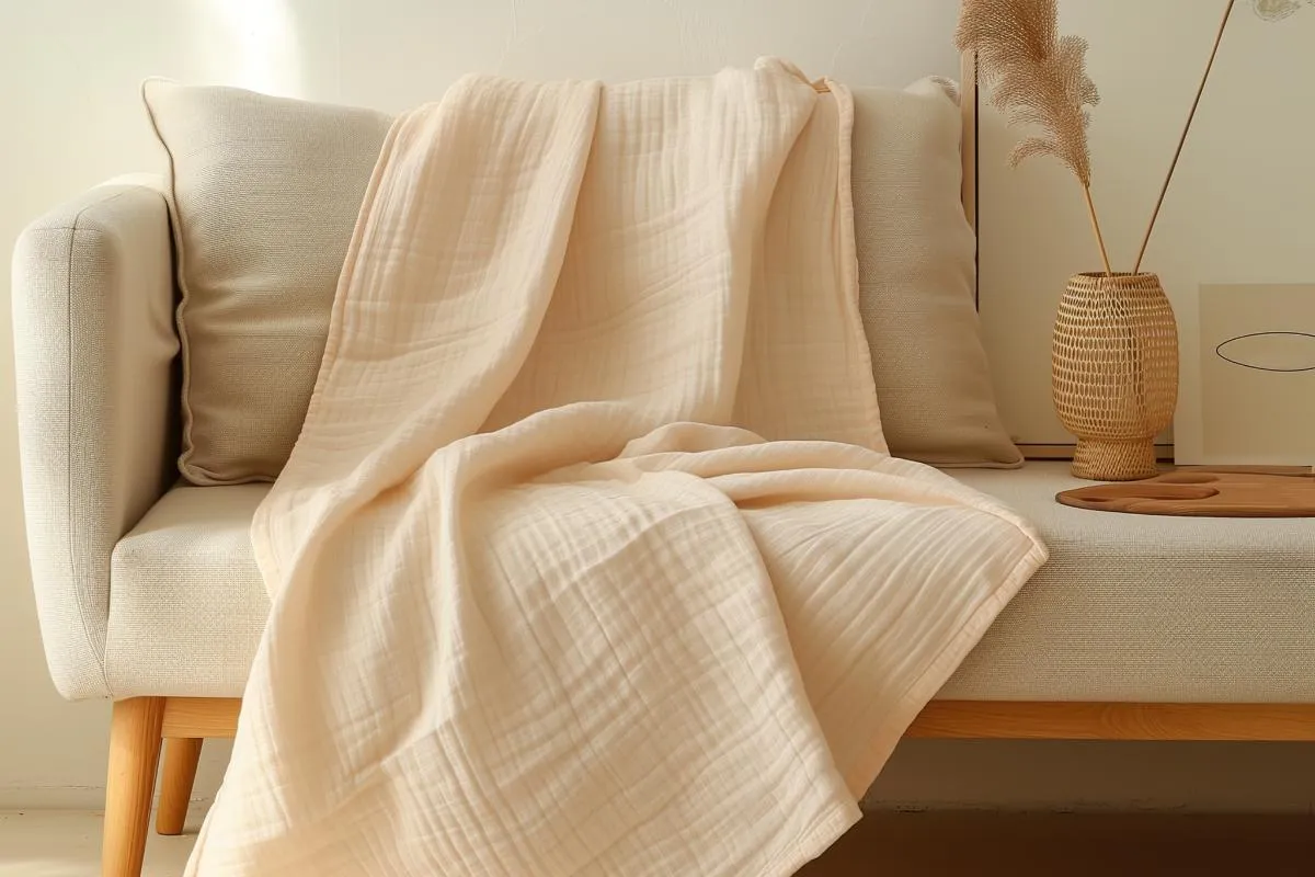 Organic cotton muslin blanket lifestyle, ivory on bed