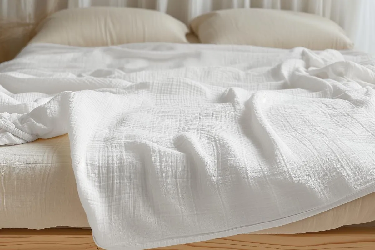 Organic cotton muslin blanket lifestyle, white draped