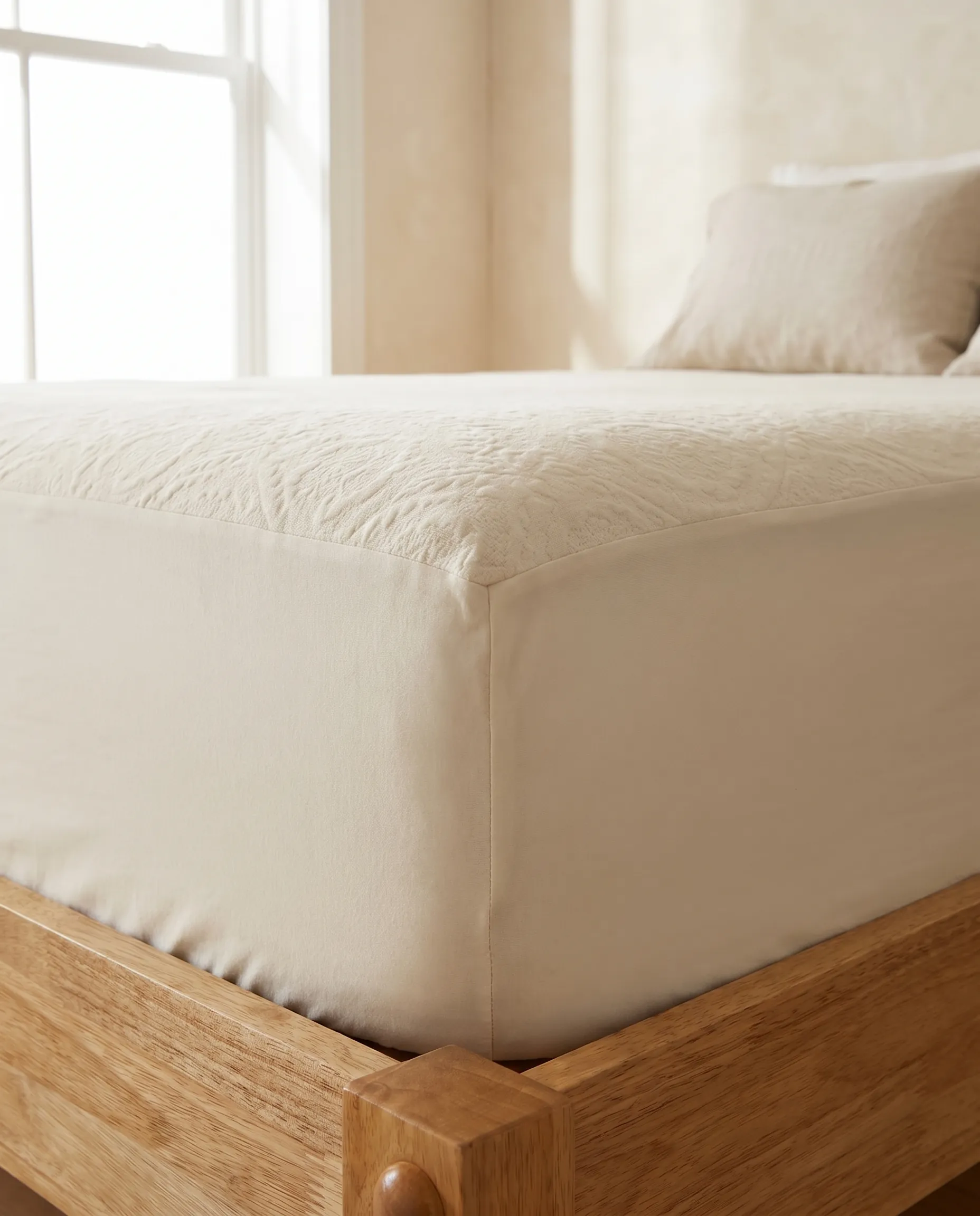 Organic cotton knit mattress protector fitted corner detail showing double knit ticking and cotton jersey skirt