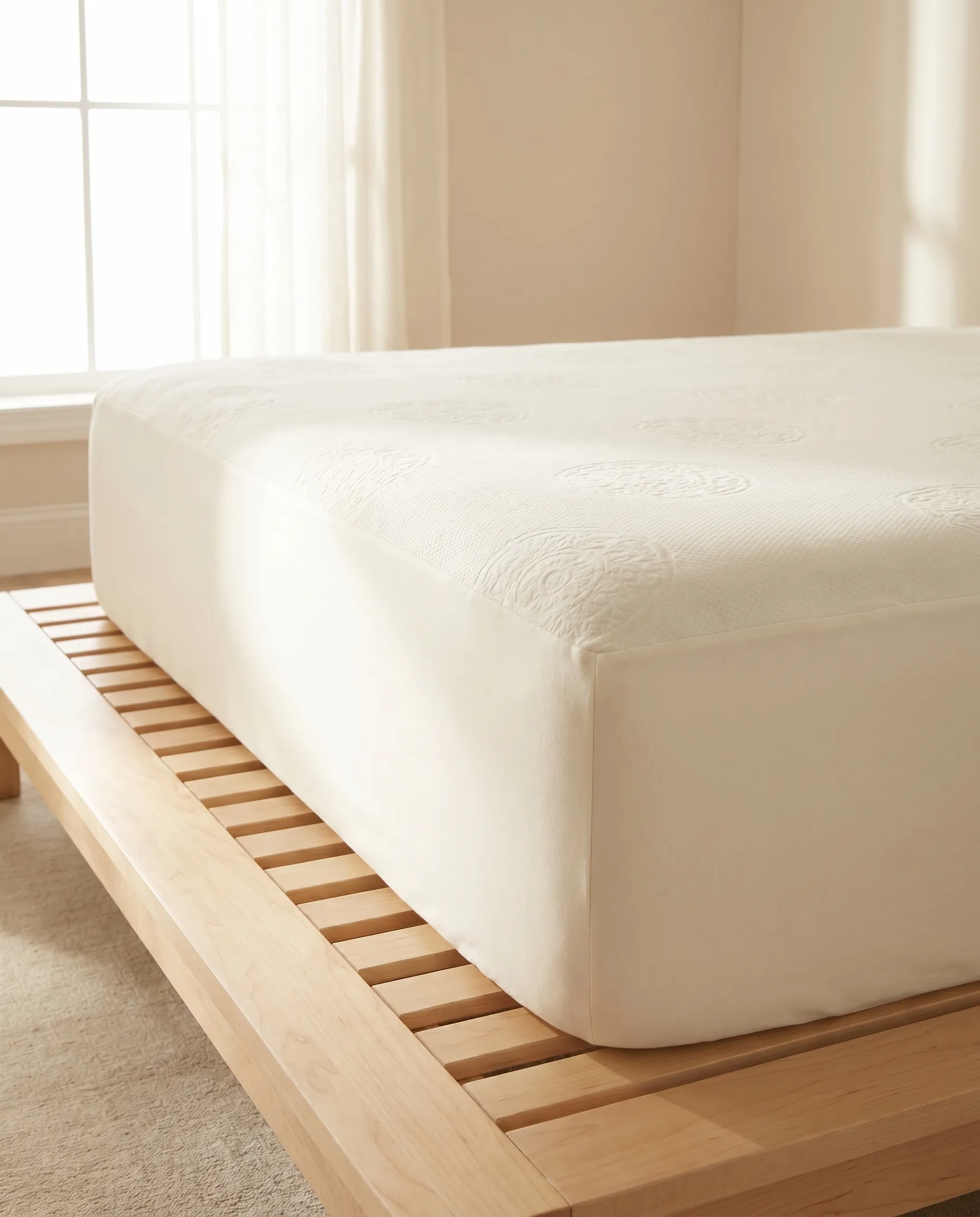 Side view of organic cotton knit mattress protector showing the deep 18 inch jersey skirt on a wood platform bed