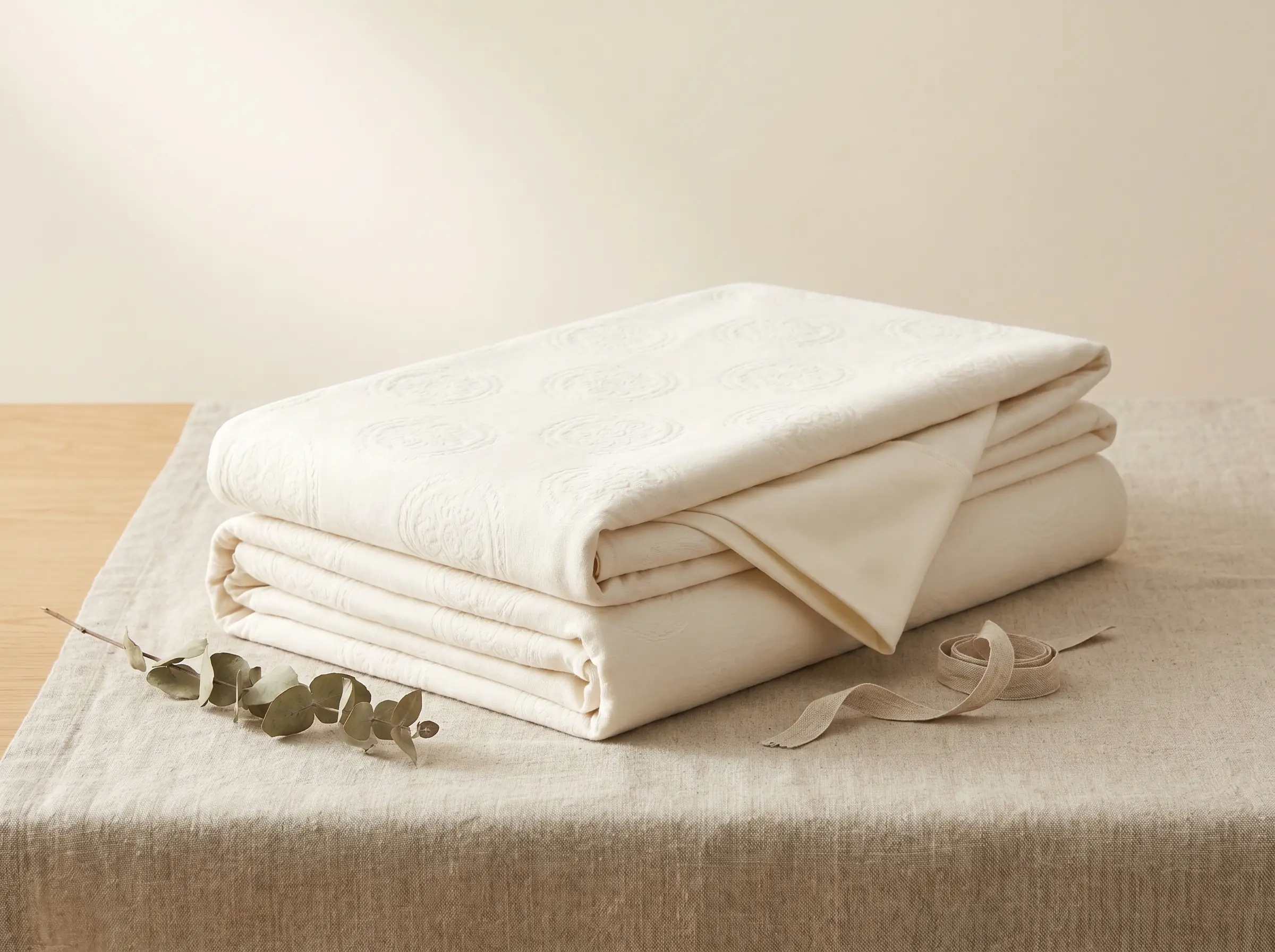 Folded organic cotton knit mattress protector on a linen surface showing the embossed ticking pattern