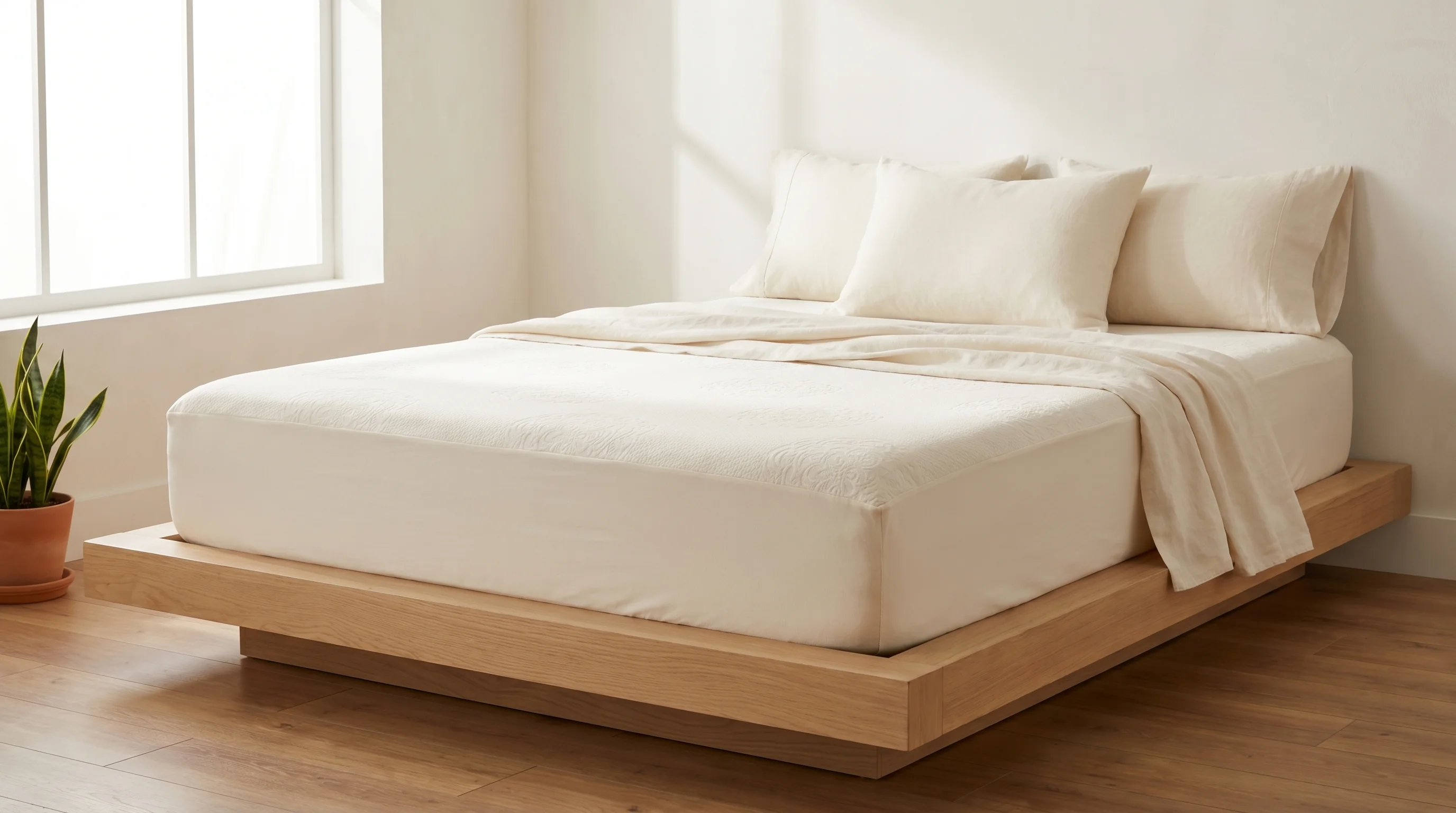 Organic cotton knit mattress protector fitted on a queen mattress in a bright neutral bedroom
