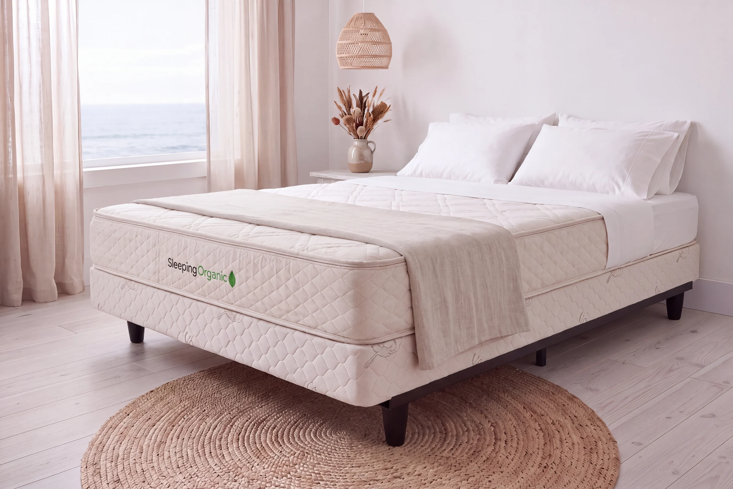 Heavy-duty foundation on the Knickerbocker steel bed frame with the Sleeping Organic natural latex mattress on top