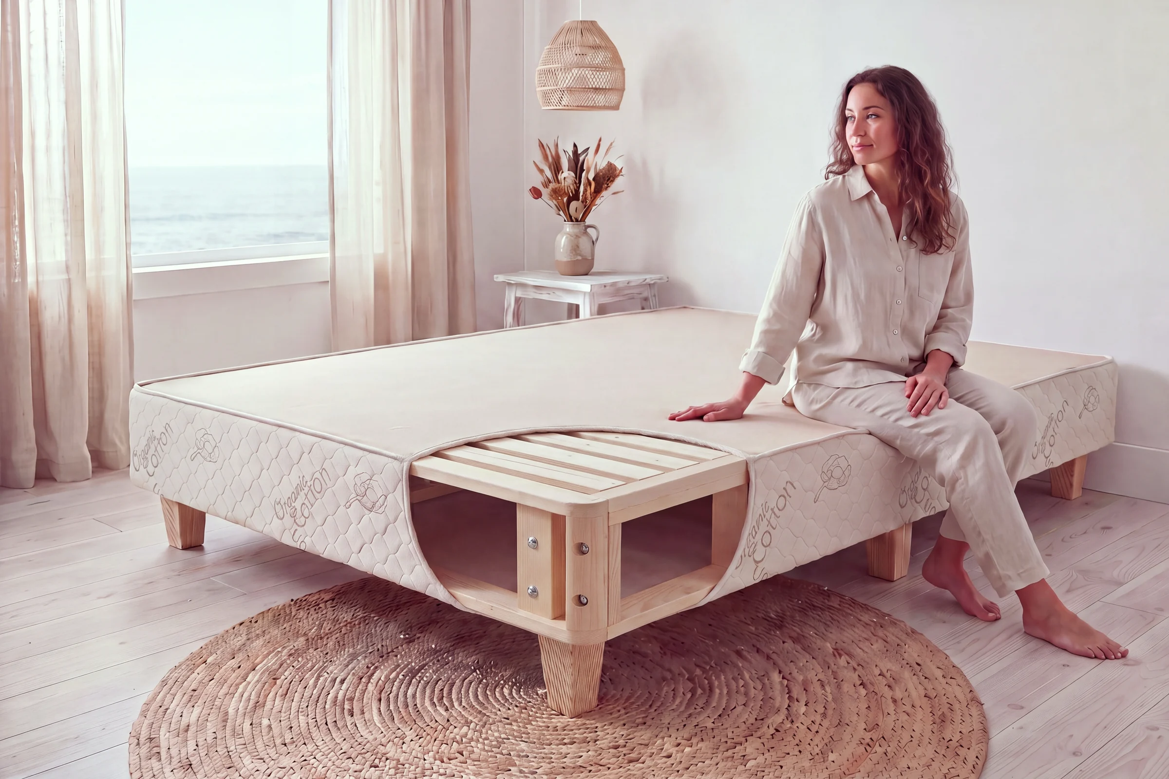 Heavy-duty latex mattress foundation with the organic cotton cover cut away to show the solid spruce frame and slats