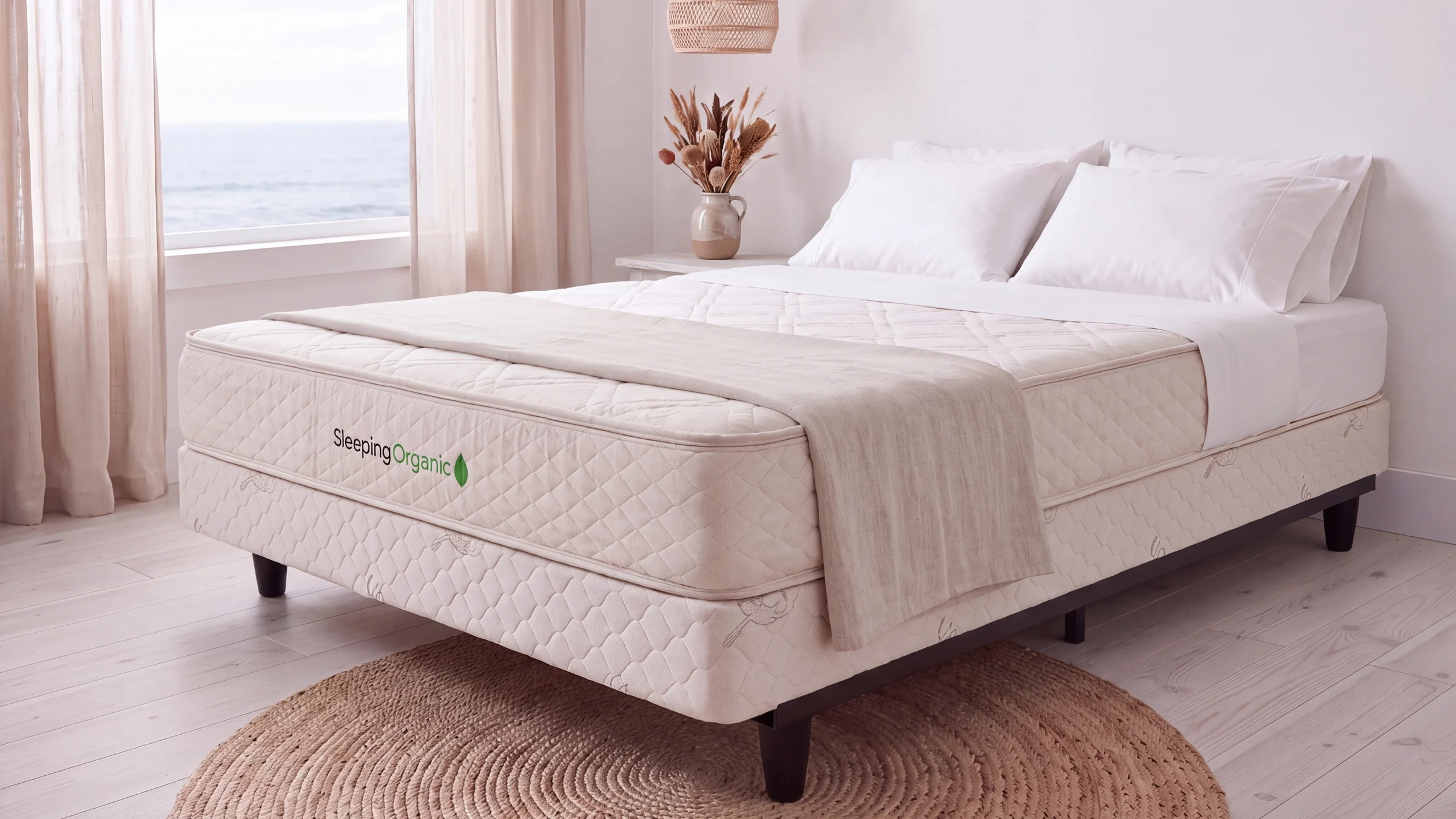 Heavy-duty foundation on the Knickerbocker steel bed frame with the Sleeping Organic natural latex mattress on top