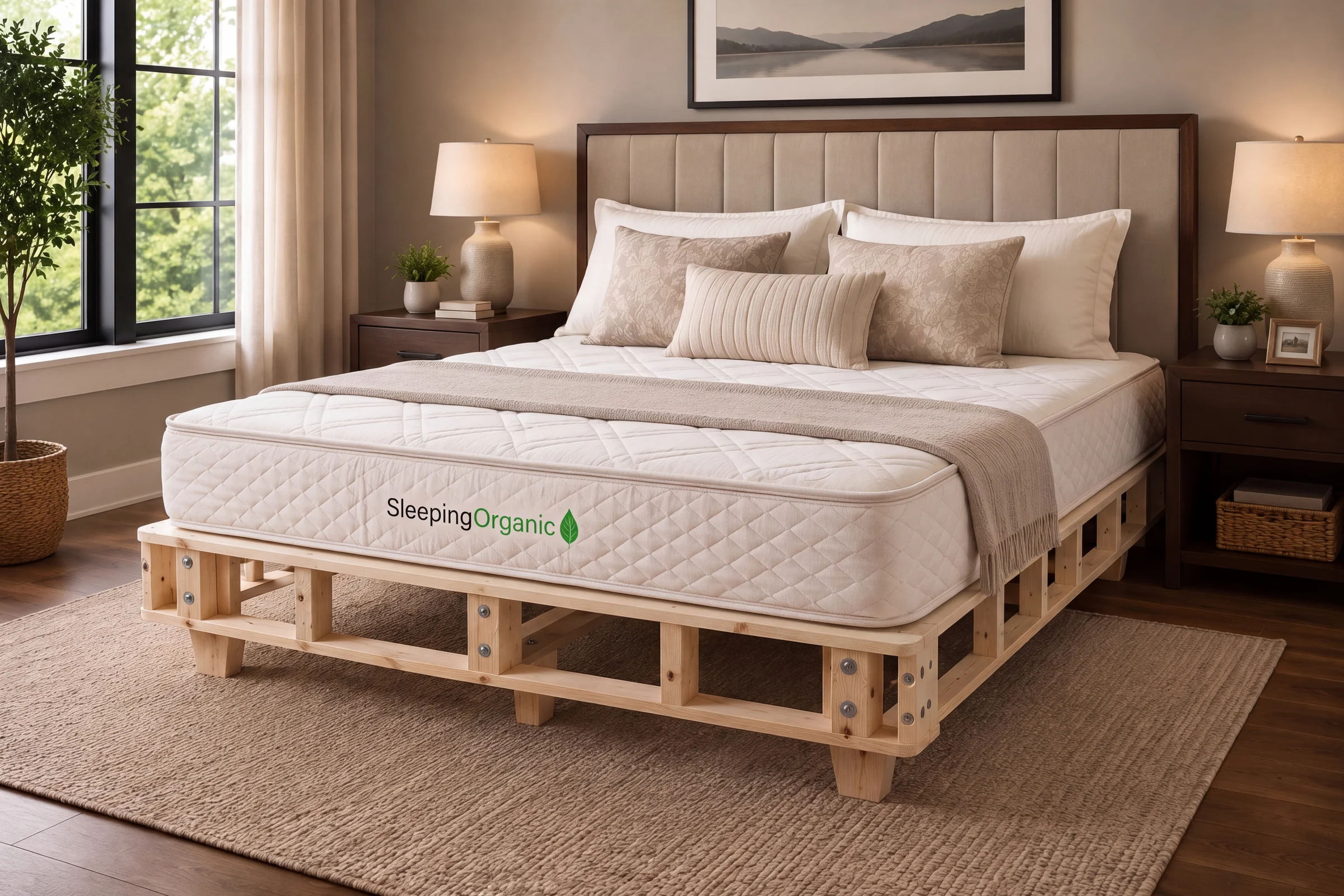 Heavy-duty foundation frame on its optional tapered solid wood legs, shown without its cover, with the Sleeping Organic latex mattress on top and no bed frame
