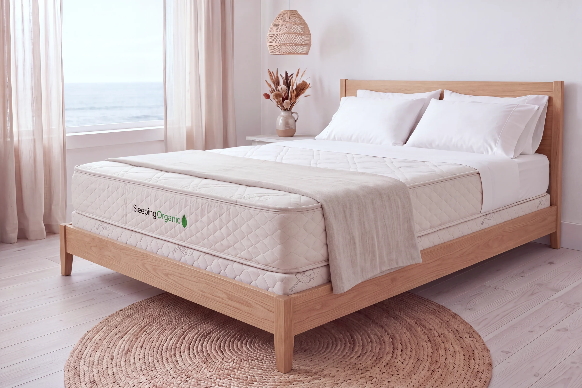 Heavy-duty foundation inside a solid oak bed with headboard and footboard, Sleeping Organic latex mattress on top