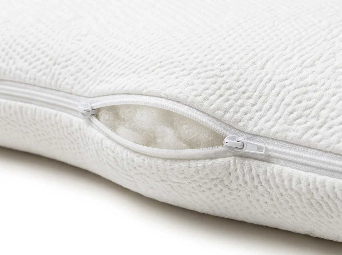 Close-up of white nylon coil zipper on the cotton cover of a natural kapok side sleeper pillow