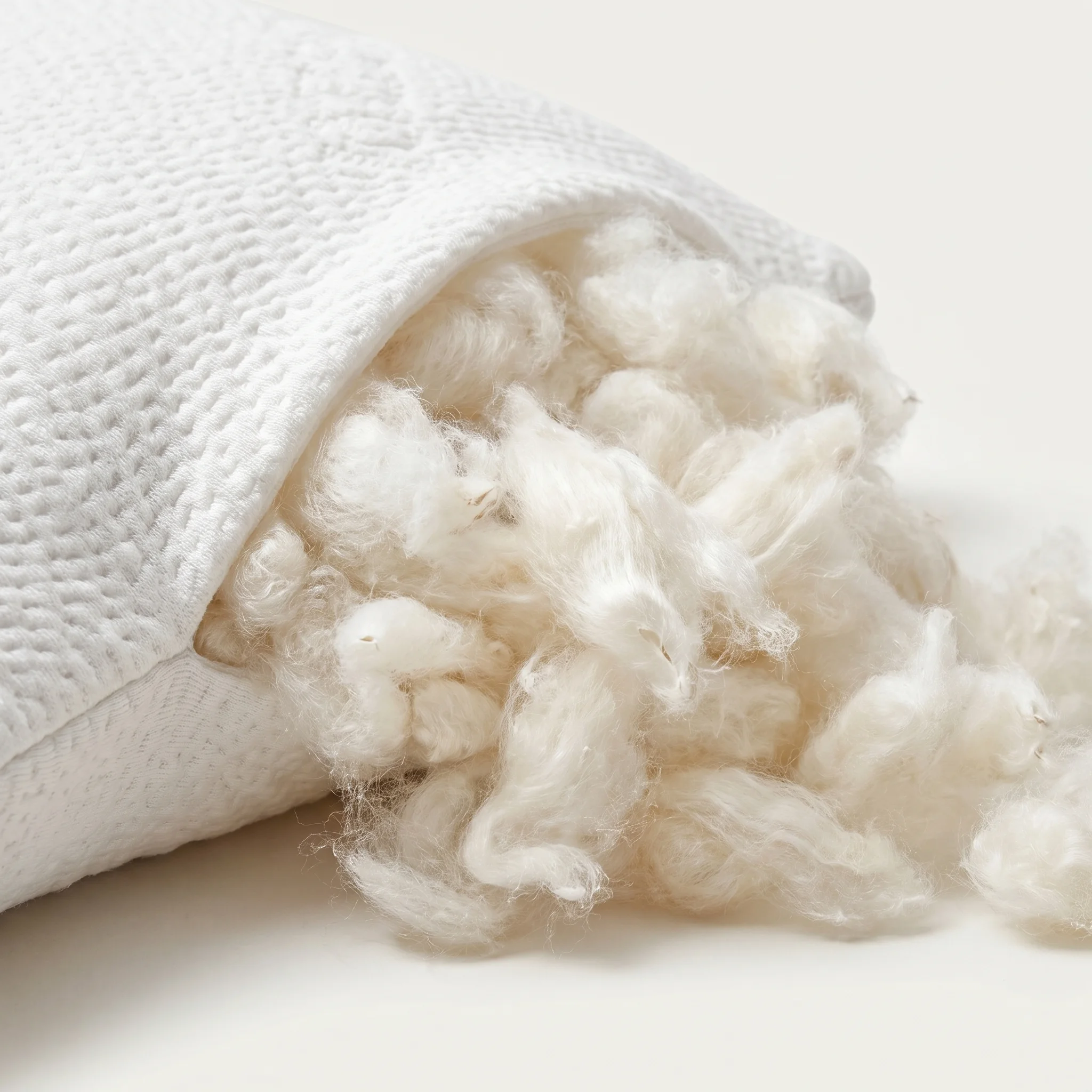 Macro close-up of silky natural kapok fiber tufts beside a textured cotton pillow cover
