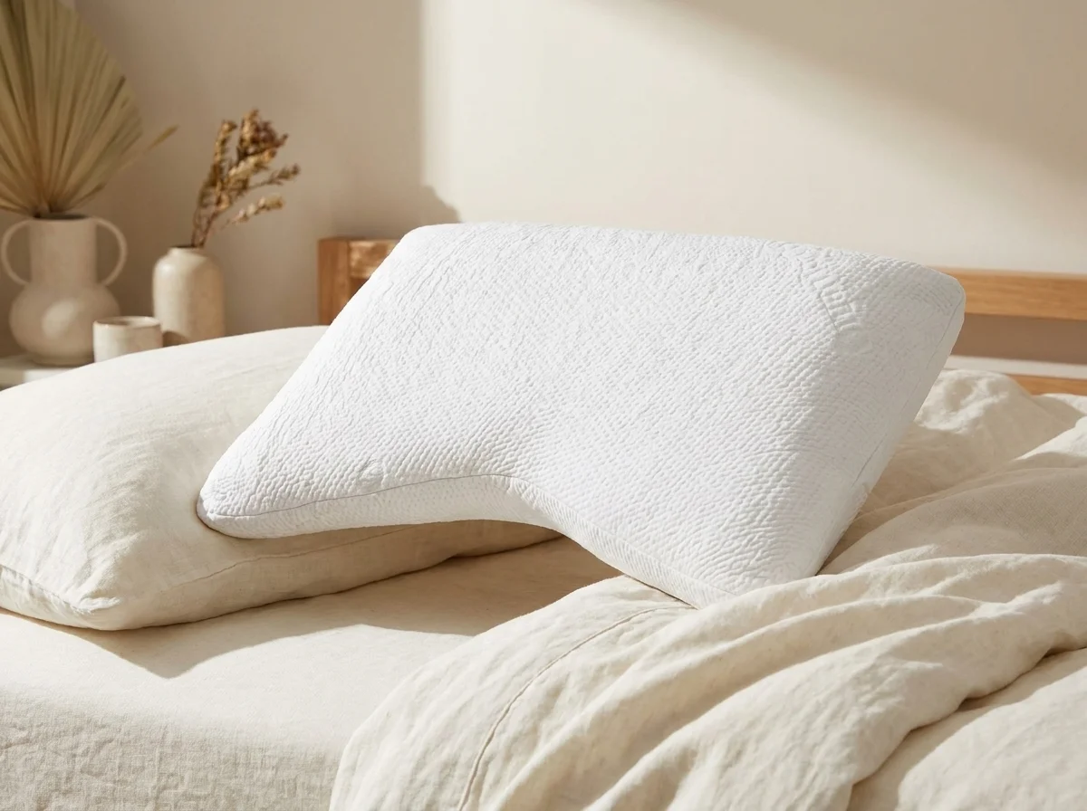 Natural kapok side sleeper pillow styled on cream linen bedding