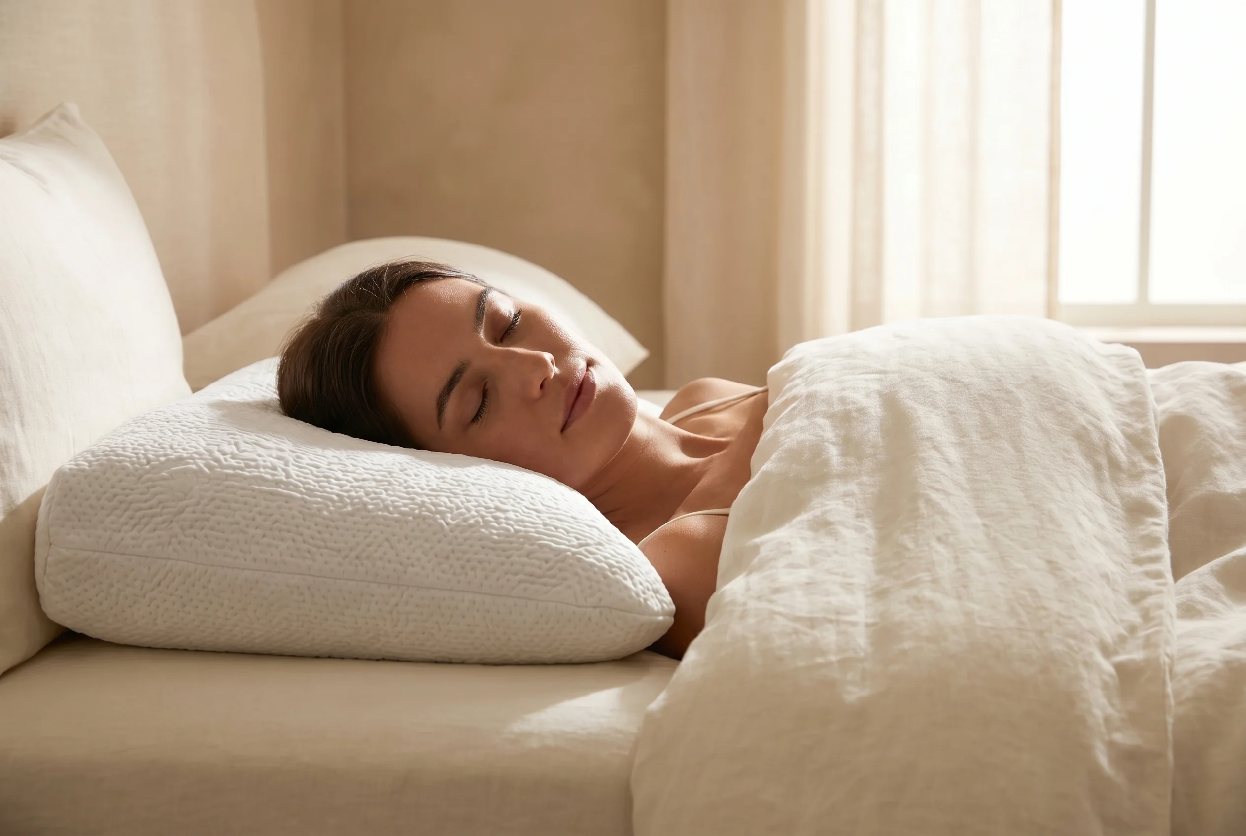 Woman side sleeping with neutral spine alignment on a natural kapok pillow