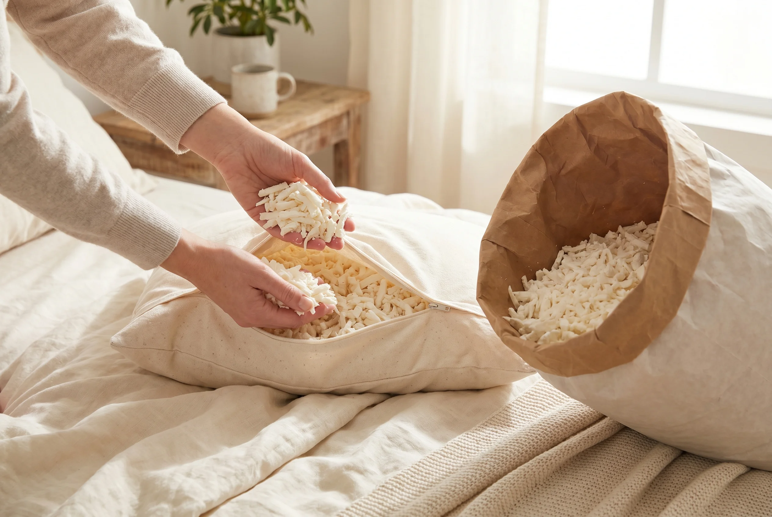 Refilling a natural cotton pillow shell with latex shred