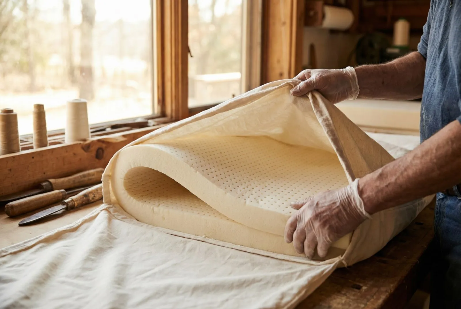 Skilled craftsperson hand-assembling an organic latex mattress in Charleston, SC workshop