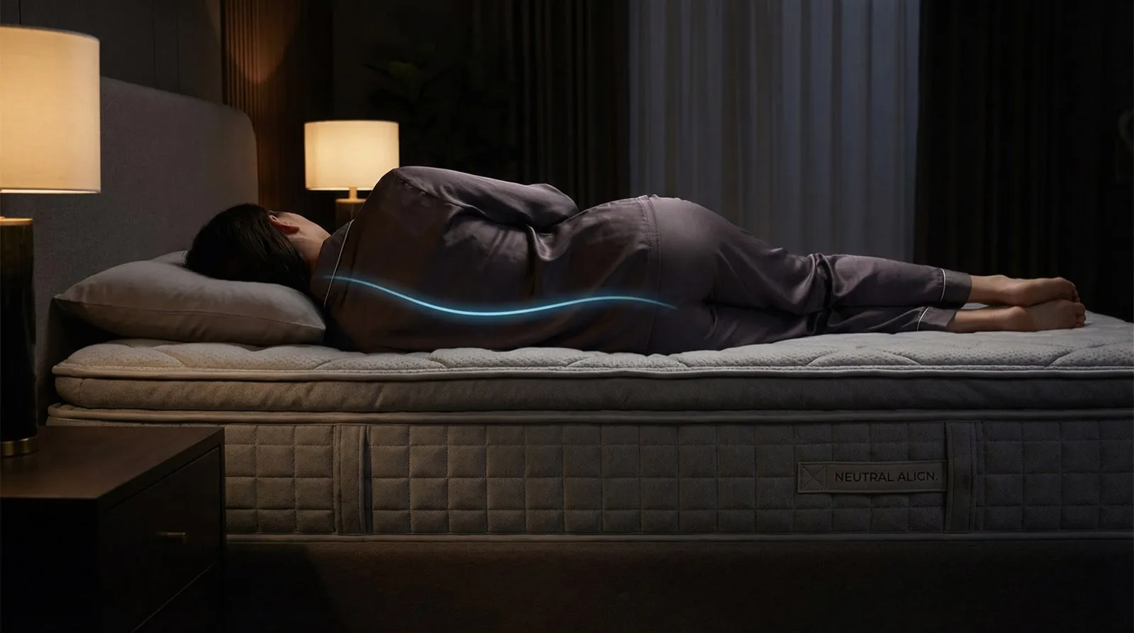 Side sleeper on organic latex mattress with spinal alignment visualization