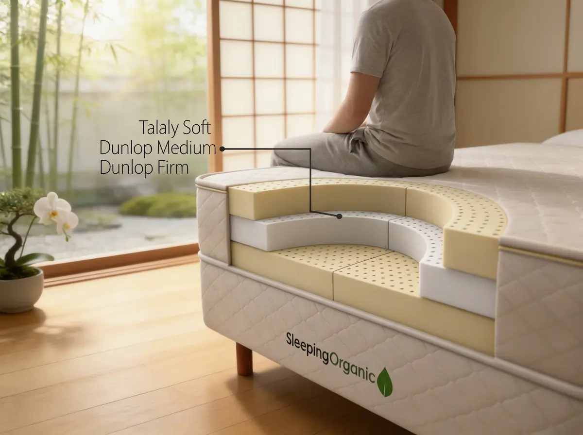 Exploded view of organic latex mattress showing customizable layers