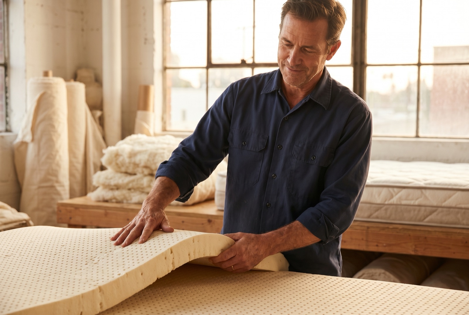 Brandon Maxey, founder of Sleeping Organic, hands-on with a natural latex layer in his workshop