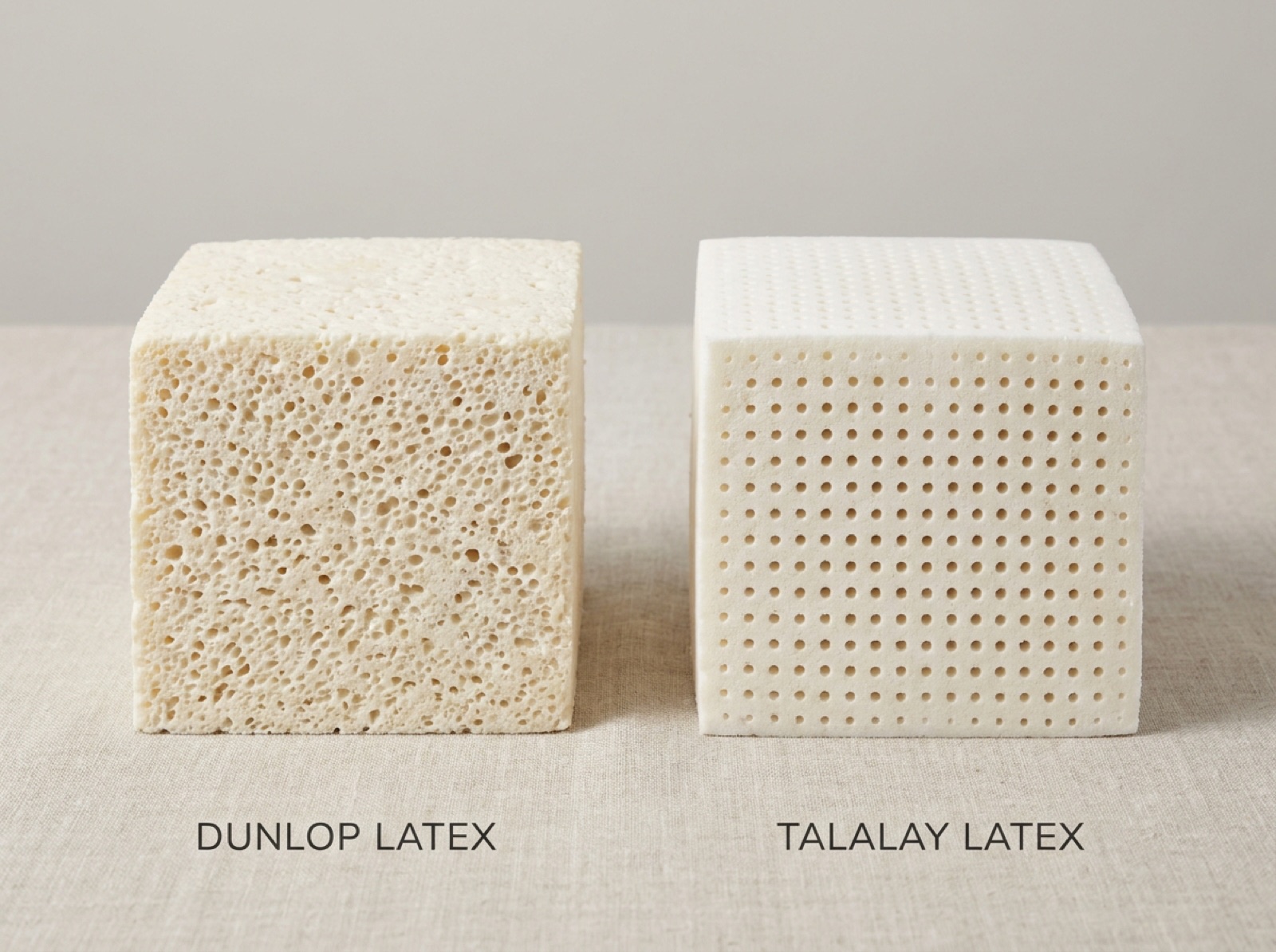 Side-by-side comparison of dense Dunlop latex foam and airy Talalay latex foam blocks
