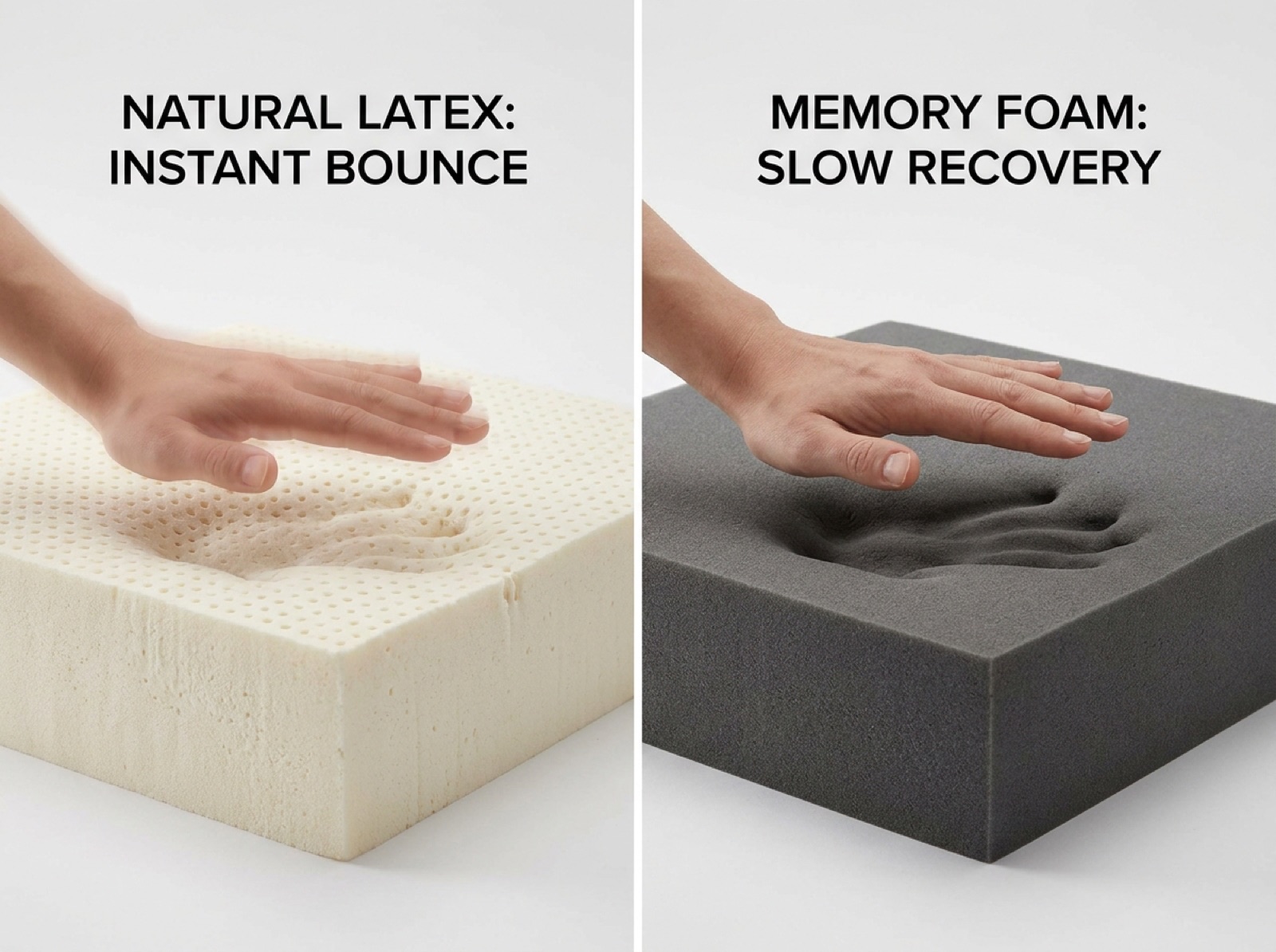 A hand pressing on natural latex which springs back, side by side with a hand sinking into memory foam