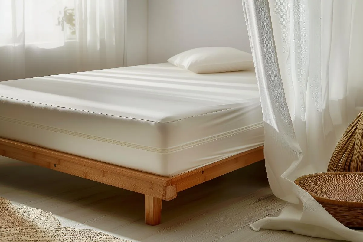 Organic mattress encasement on bed, waterproof zippered protector