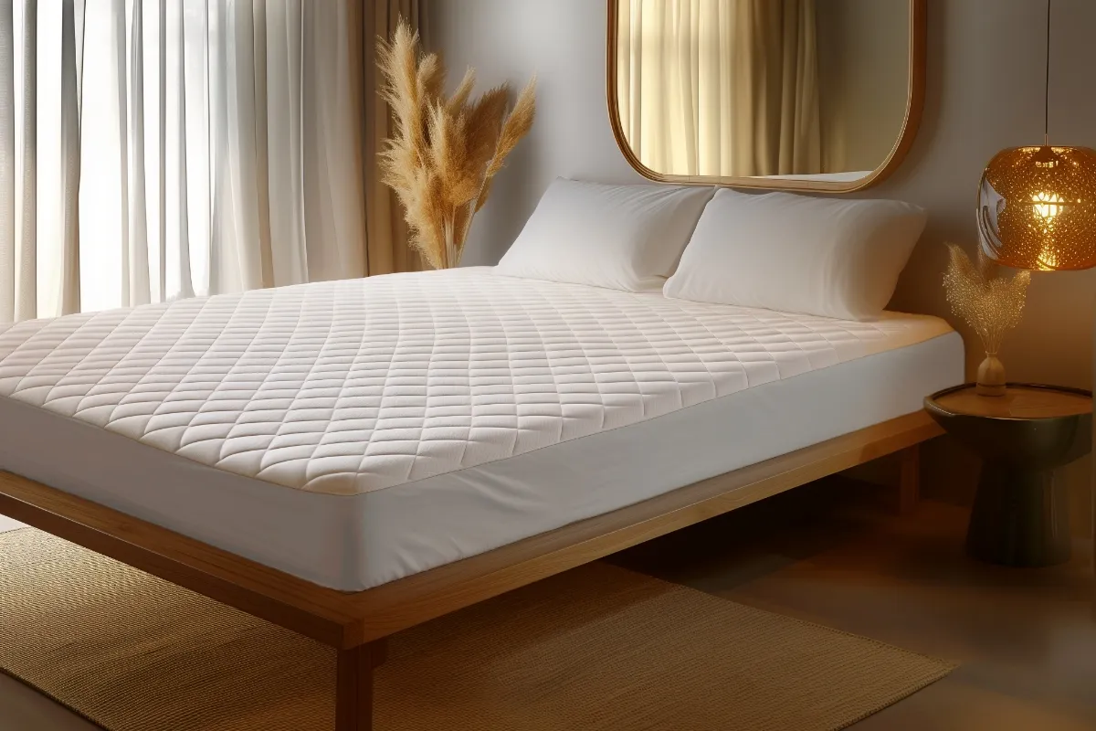 Wool-filled organic mattress protector on bed