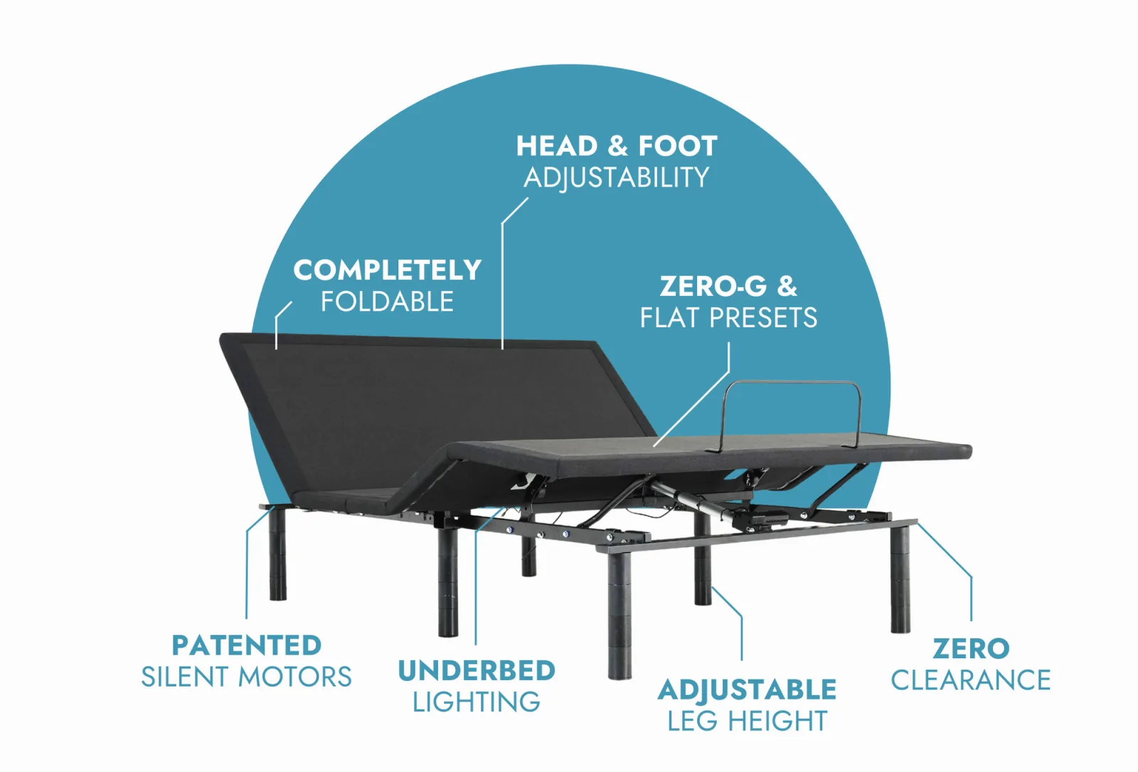 Rio 3.0 adjustable bed base steel frame with wood deck and adjustable legs