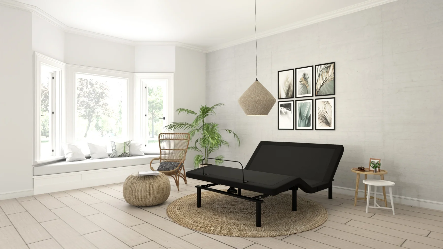Ergomotion Rio 4.0 adjustable bed base in a modern bedroom, head and foot raised