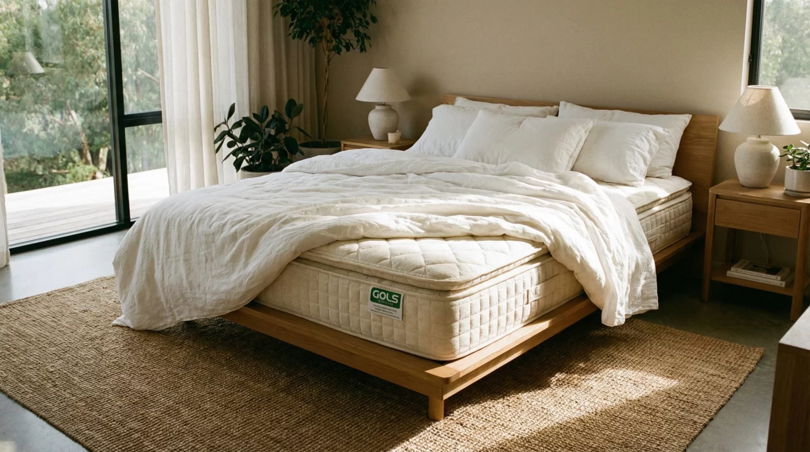 Natural latex mattress in a sunlit modern bedroom