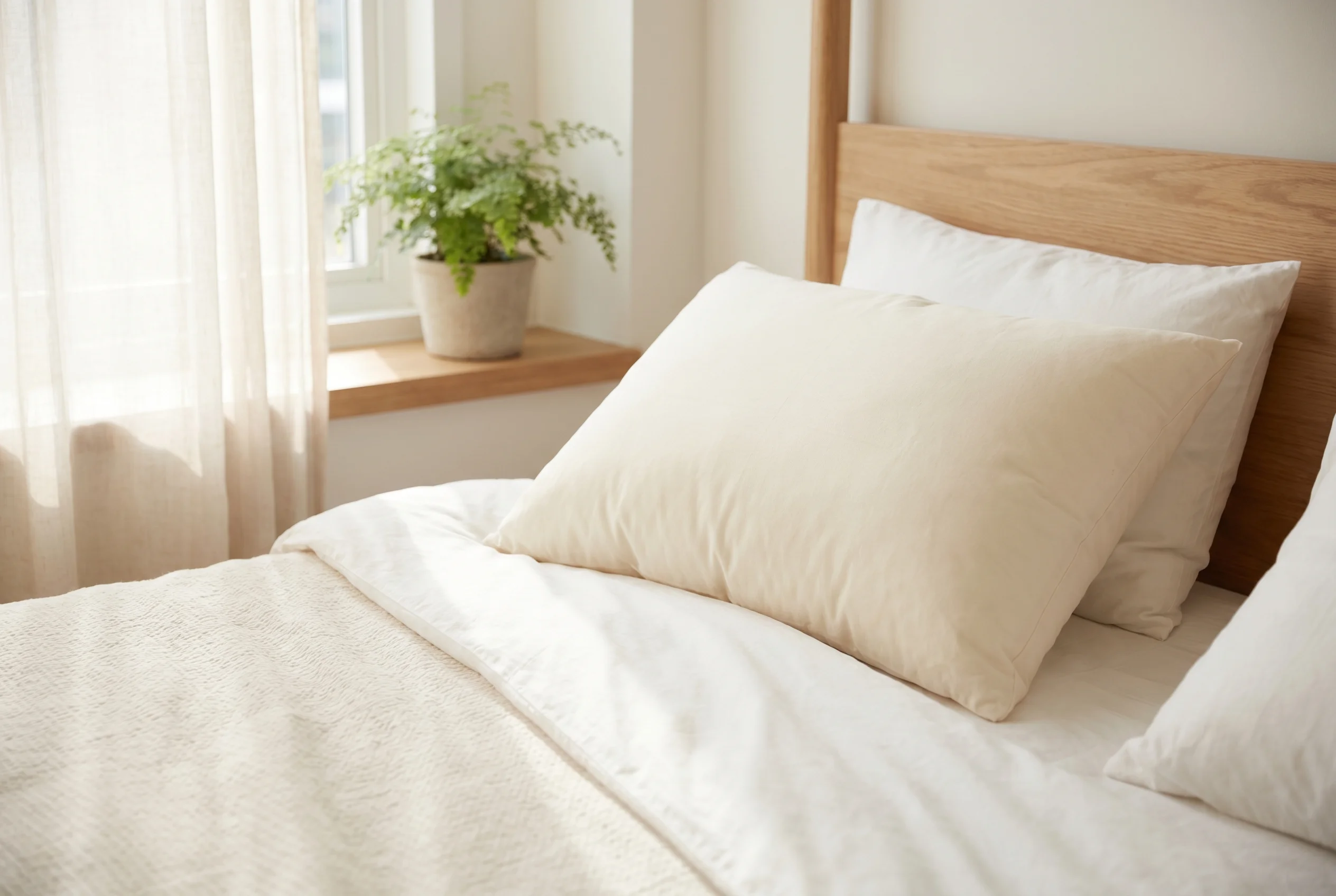 Hypoallergenic natural Talalay latex pillow in a clean organic bedroom