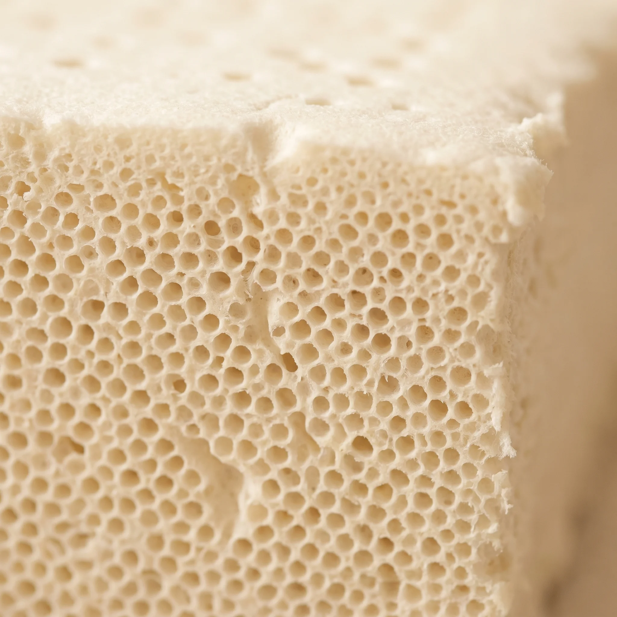 Close-up of natural Talalay latex open-cell pinhole cellular structure
