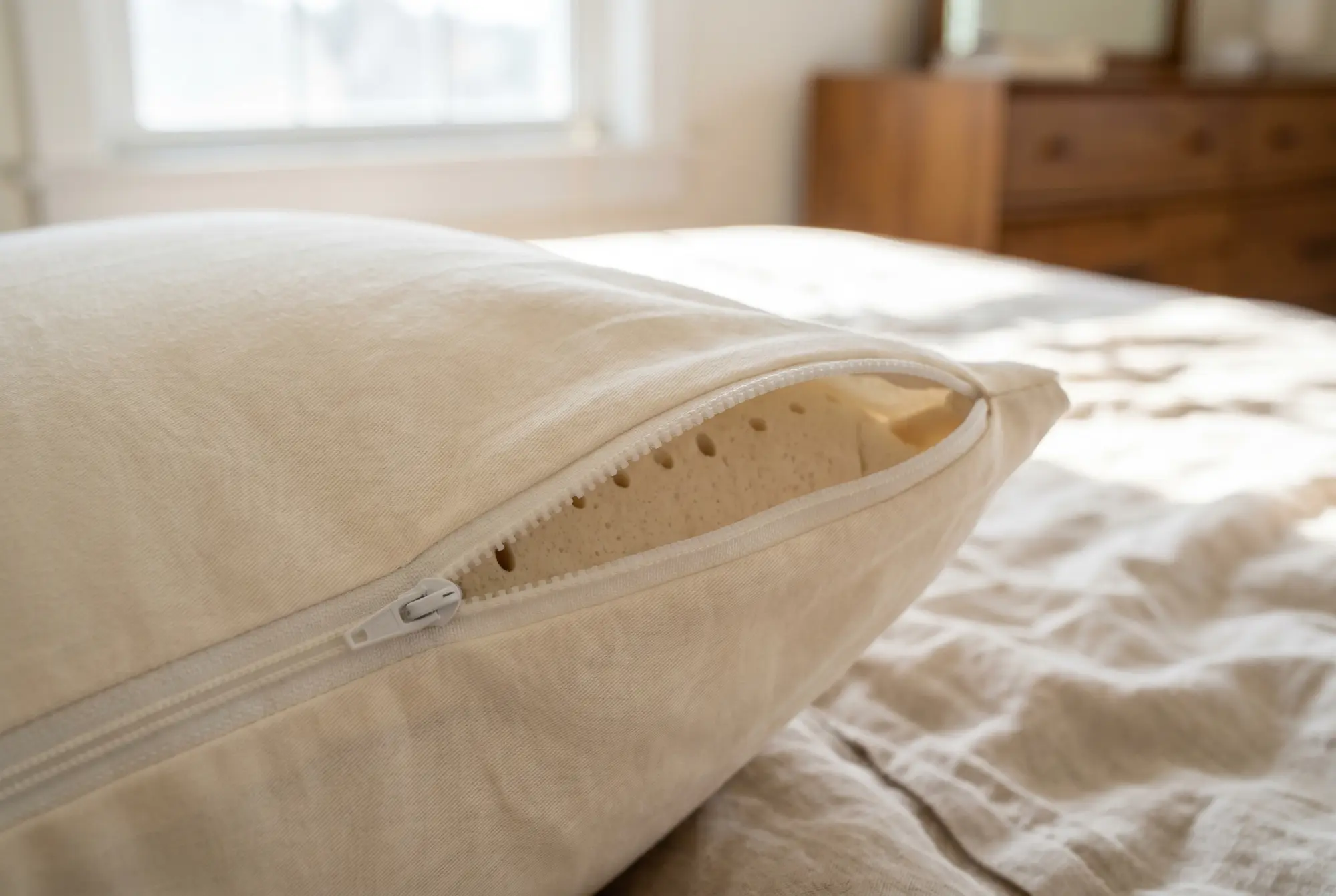Soft zippered cover detail on natural Talalay latex pillow