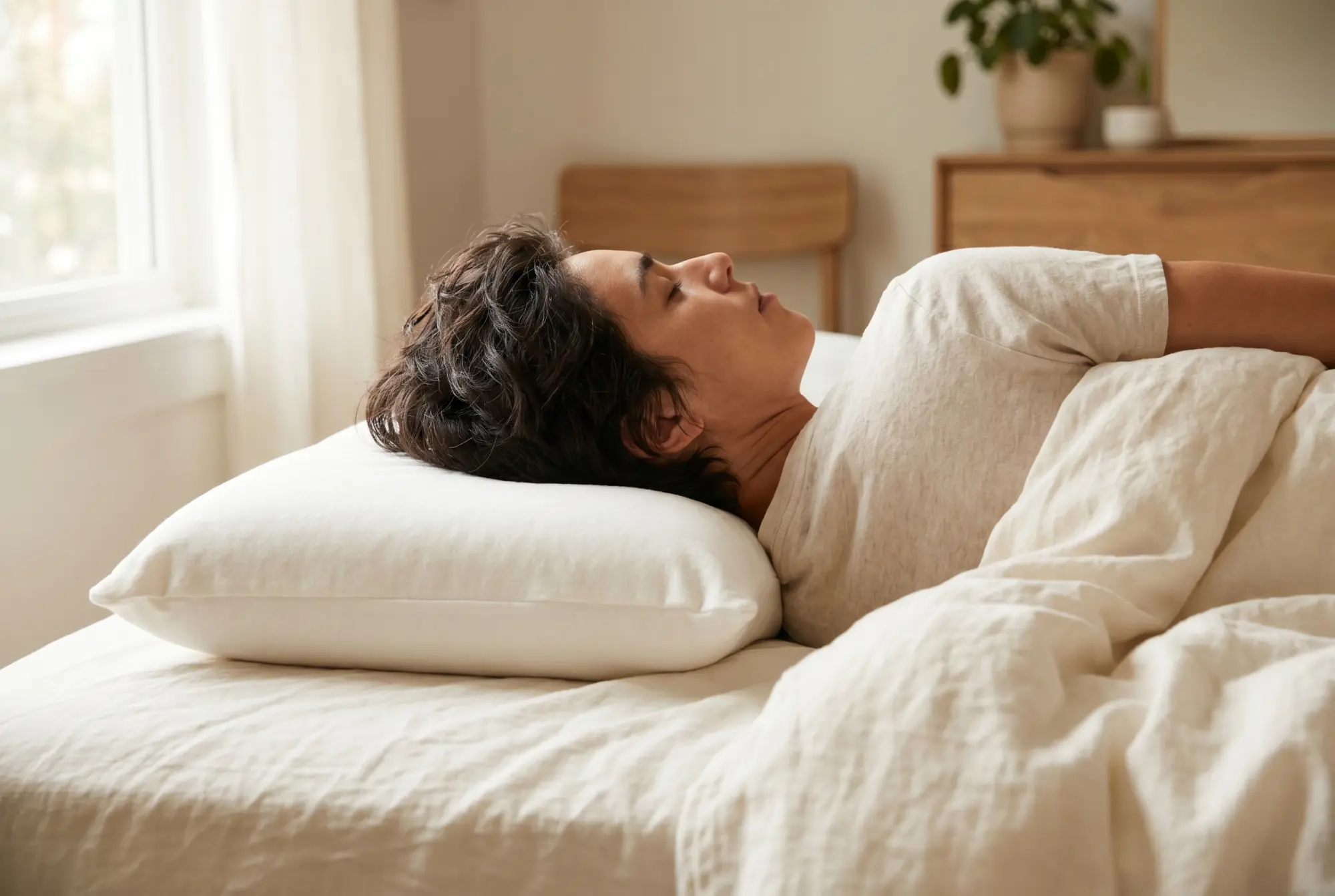 Side sleeper with neck and spine aligned on natural Talalay latex pillow